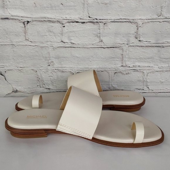 MICHAEL KORS 'AUGUST' LEATHER TOE-RING SLIP-ON SLIDE SANDALS IVORY TUSK 9 - Picture 6 of 16